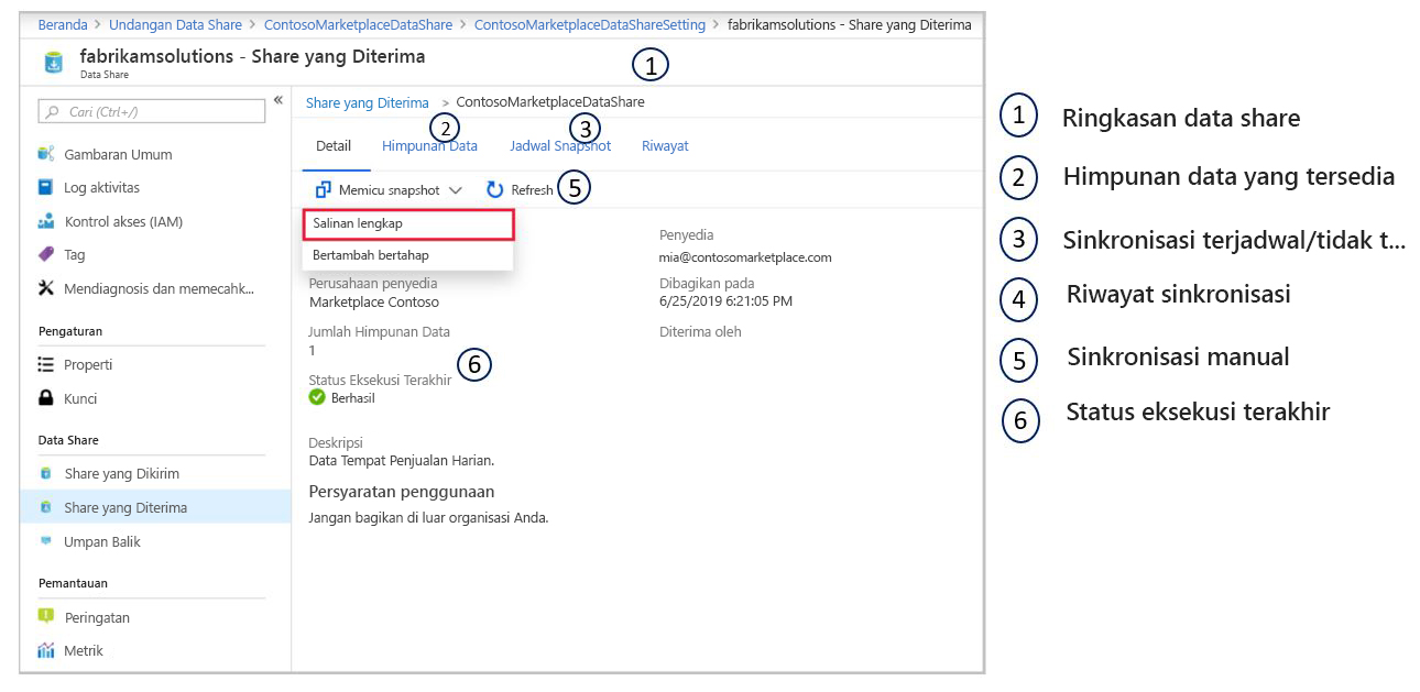 Screen shot of the Azure portal on the Data Share configuration pane highlighting Trigger snapshot setting.